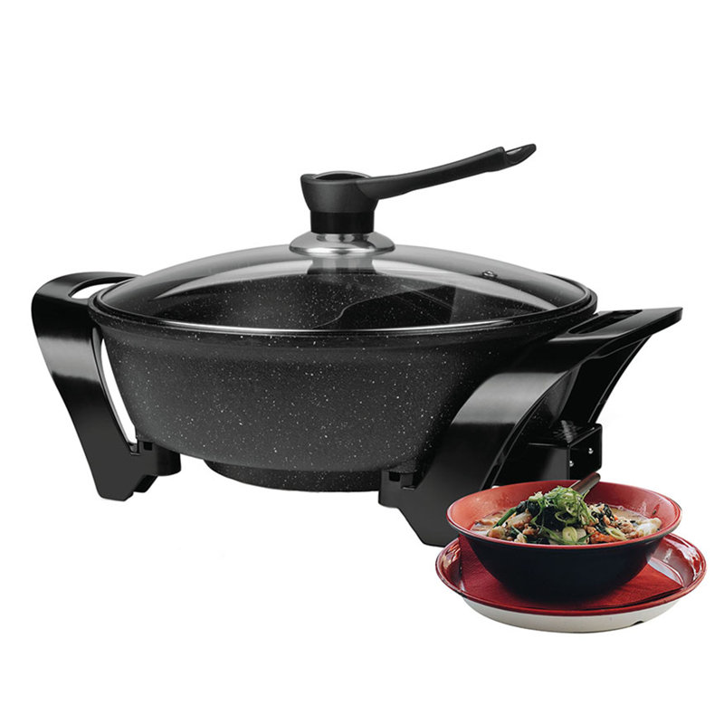 Black Electric Non-Stick Shabu Shabu Hot Pot with Glass Lid