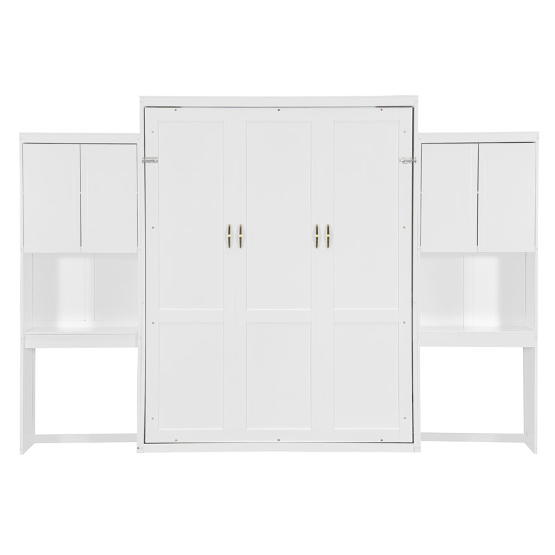 Grand lit escamotable avec bureau, coiffeuse et armoires, Blanc