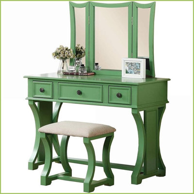 Ensemble de meuble-lavabo de chambre à coucher avec tabouret, miroir pliable à cadre pin vert pomme | Moderne | Panneau de particules