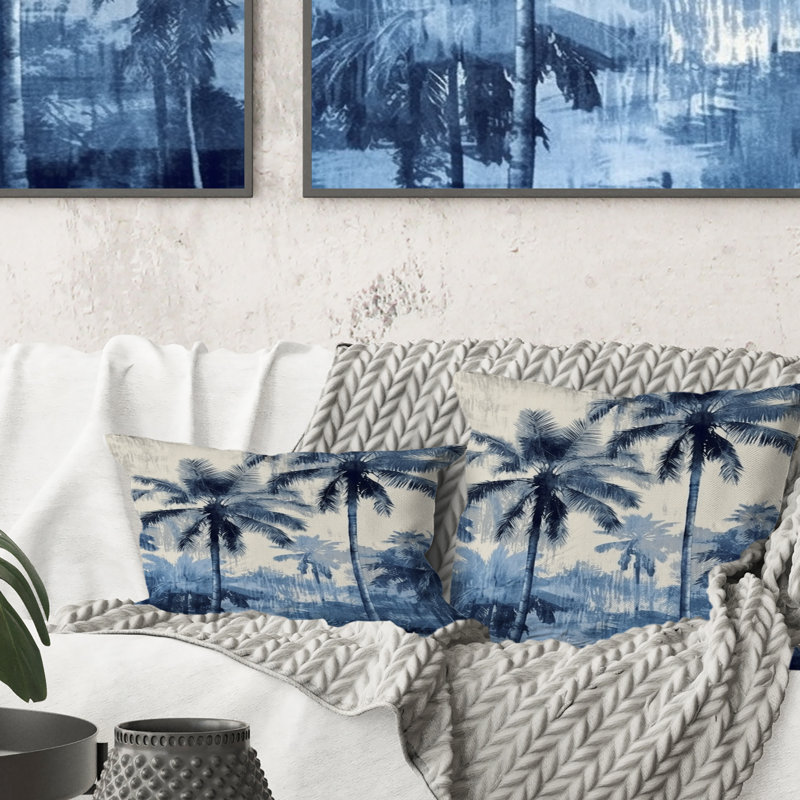 Coussin décoratif rétro avec palmiers bleus II - palmiers et palmiers