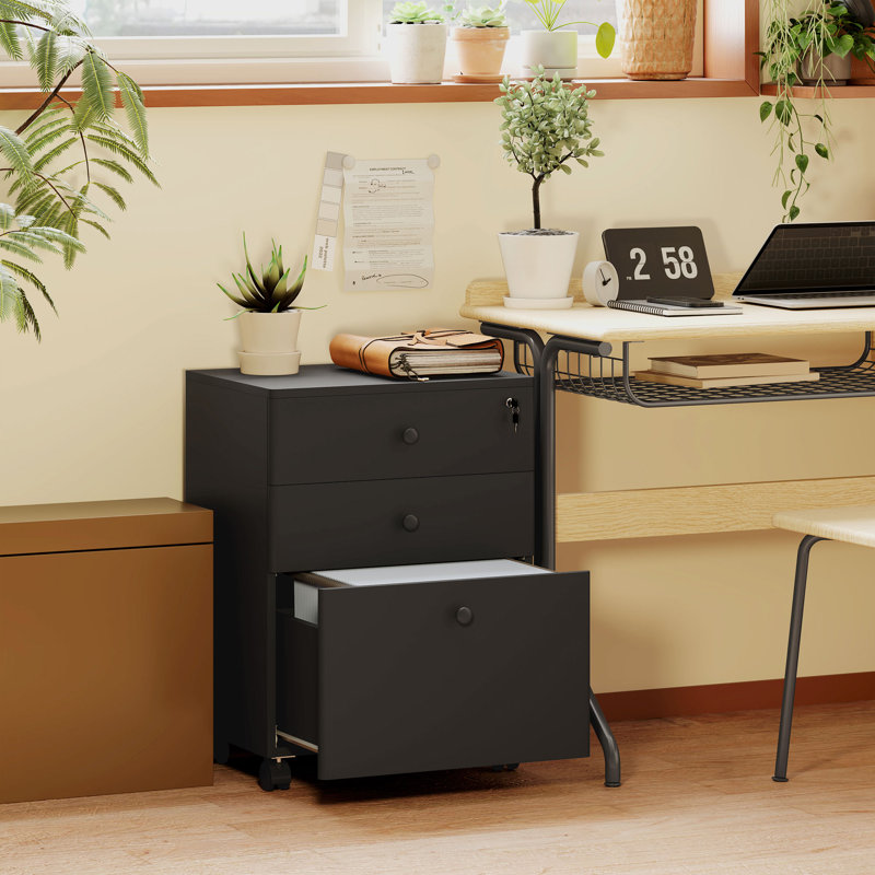 3-Drawer Filing Cabinet with Lock, Mobile File Cabinet, White, Black