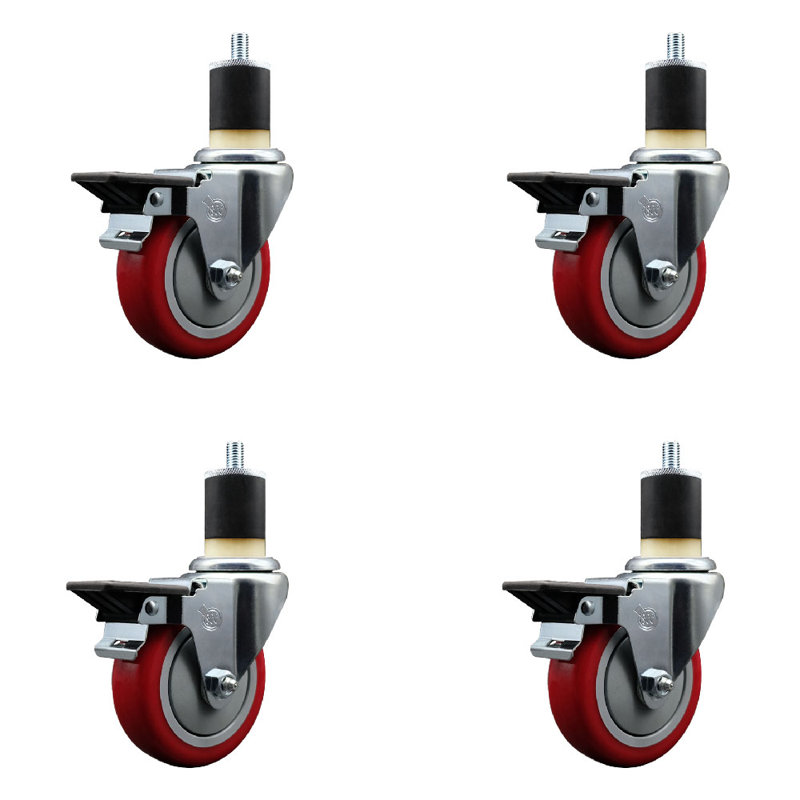 Ensemble de roulettes extensibles en poly pivotant avec frein SCC PLB 4 po x 1-7 / 8 po, Rouge