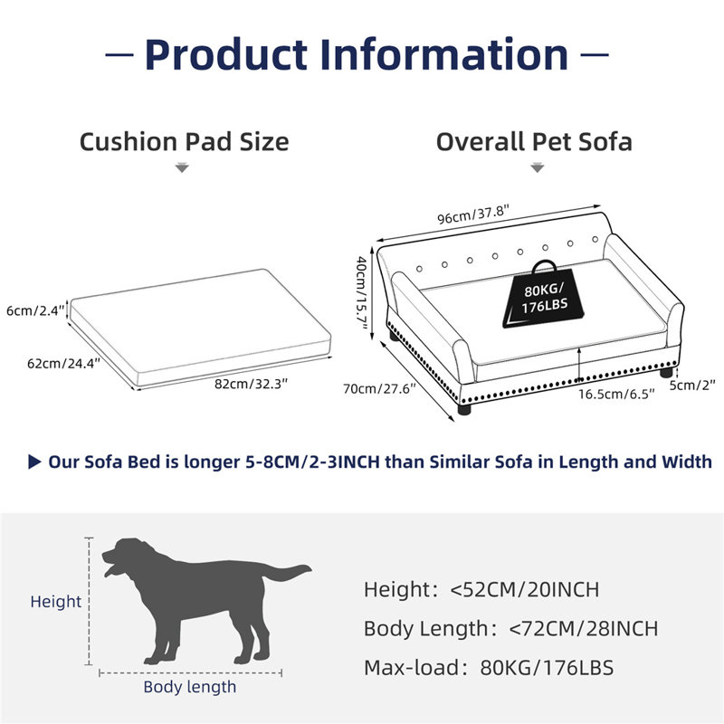 Orthopedic Pet Bed, 40cm H x 96cm W x 70cm D