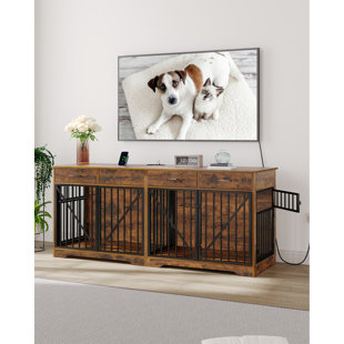 77.2" Dog Crate Furniture with 4 Storage Drawers, Power Strip, for 2 Dogs, Anti-chew