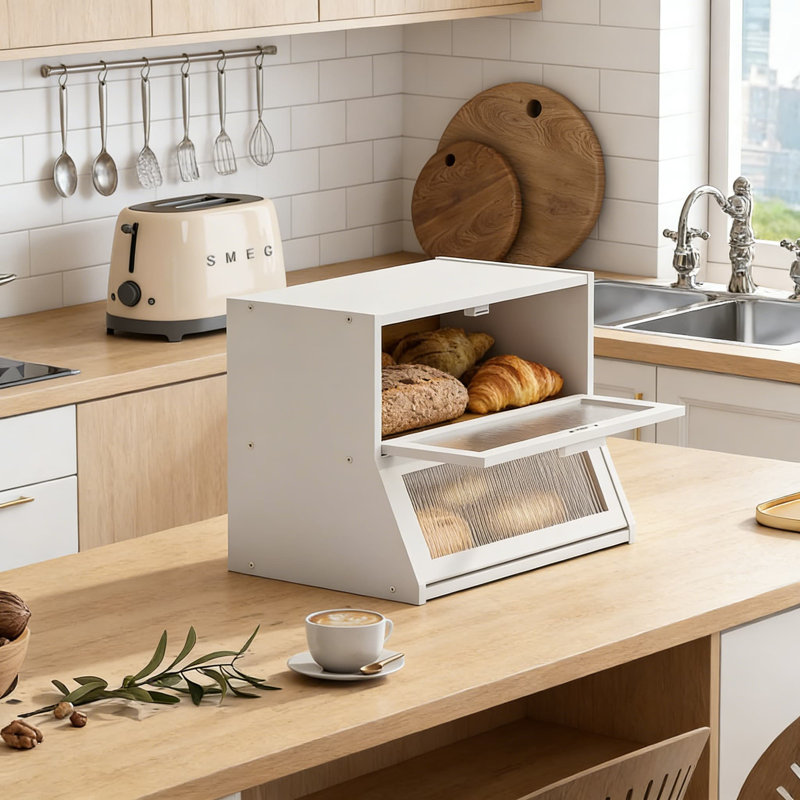 Boîte à pain en bambou à double couche avec porte ondulée en acrylique, récipient de rangement de comptoir de cuisine de grande capacité pour le pain et les produits de boulangerie