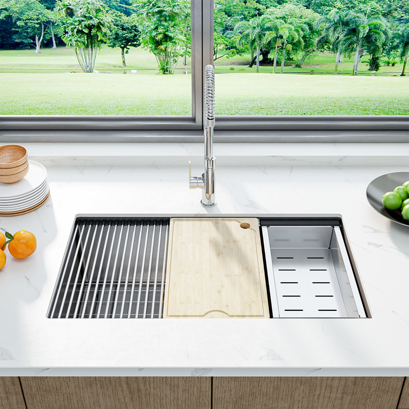 Évier de cuisine à simple cuve encastrable 33 po / 30 po, cuve profonde en acier inoxydable avec grille inférieure et accessoires