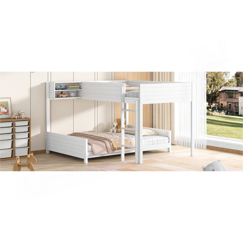 Lit superposé en bois double avec lit superposé double avec tablette de rangement intégrée et échelle, avec support à lattes, aucun sommier nécessaire, blanc