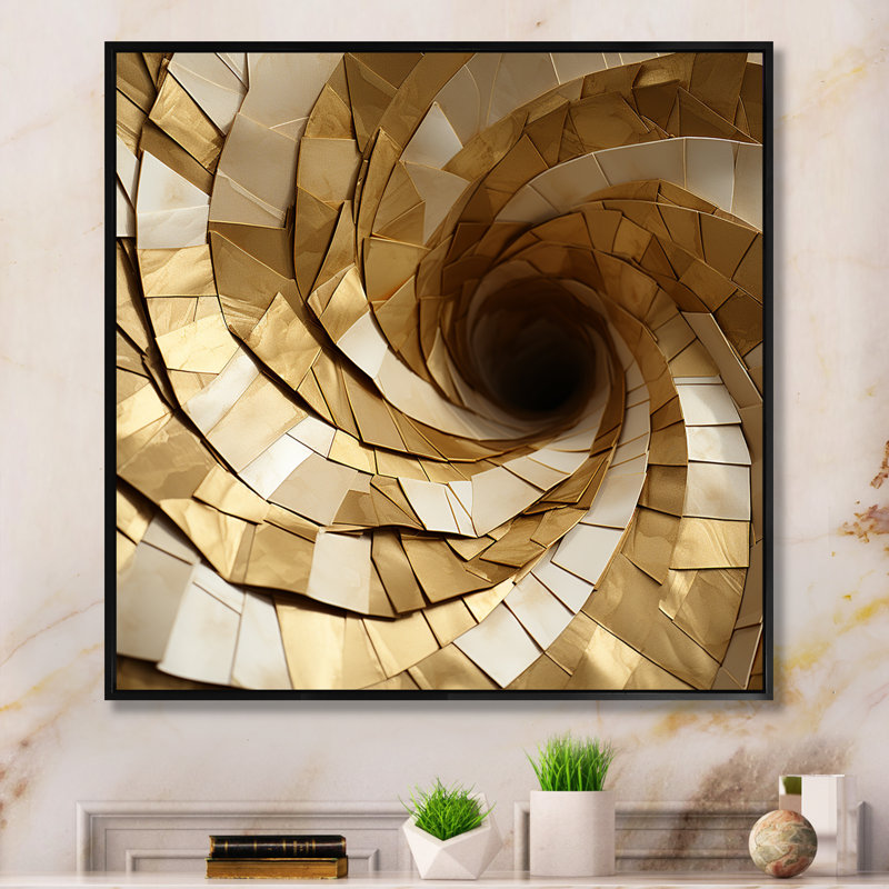 Spirale abstraite moderne en marbre blanc et or I, Cadre flottant noir, H 30 po x l 30 po x P 1,5 po