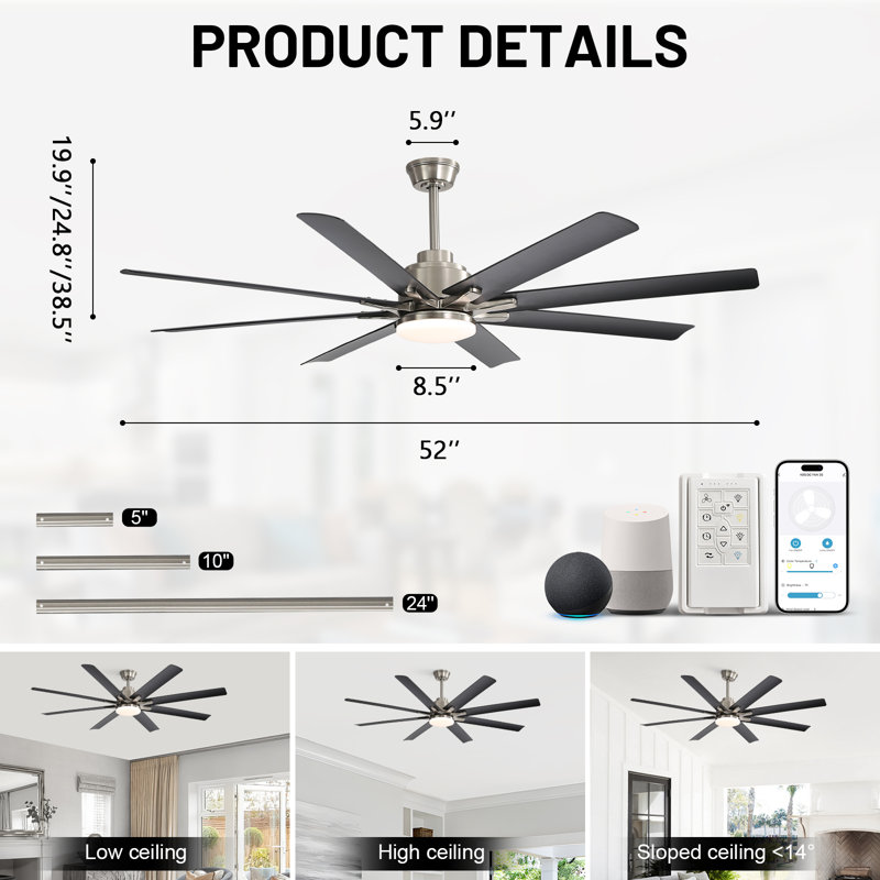 52" 8-Abs Blades Smart Ceiling Fan With Led Light And Dimmable, Remote/App/Voice Control/Reversible Motor