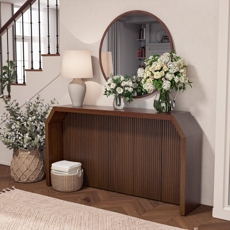 Console en bois cannelée de 55,9 po L, table de vestibule pour vestibule et salon moderne, Brun