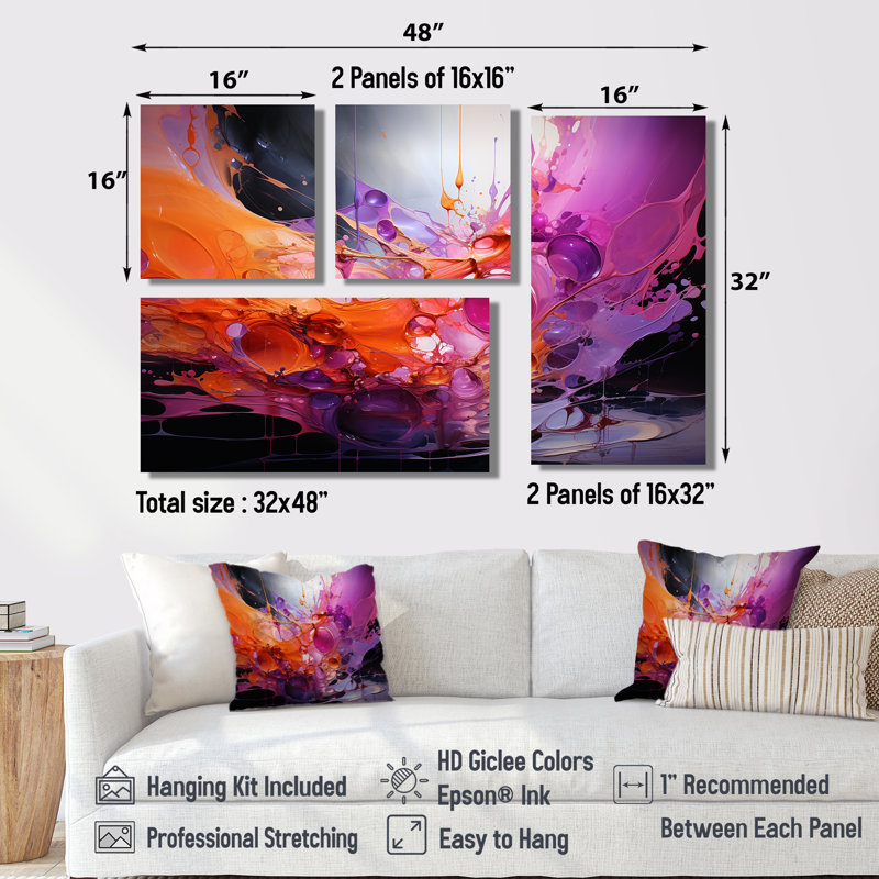 Collage abstrait orange mauve à motif de fractales - décorations murales orange 4 pièces, Doré