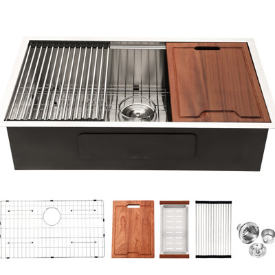 Évier de poste de travail encastrable à simple cuve 28 po x 19 po x 10 po, acier inoxydable 304 de calibre 16, aspect nickel brossé, rail encastré pour une utilisation facile, guide d'eau en forme de X à écoulement doux, revêtement et bruit