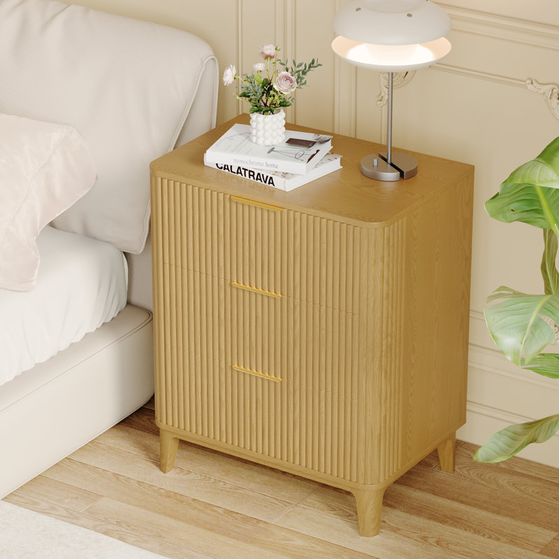 27.56" Fluted 3 Drawers Dresser For Bedroom With Dresser Organizer, Wood Tall Chest Of Drawers & Nightstand, Natural