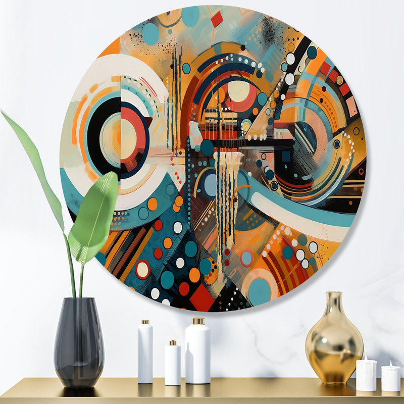 Décoration murale V orange et bleu à motif de vibrations géométriques, H 16 po x l 16 po x P 1 po