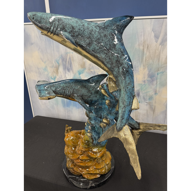 Sculptures & Beyond Bull Shark & Hammerhead Shark with Coral Cast Bronze Sculpture – Lost-Wax Bronze with Hand-Applied Patina on Black Marble Base – Coastal & Nautical Decorative Art for Home, Garden, Poolside & Outdoor Décor – Apex Ascension – 43"H