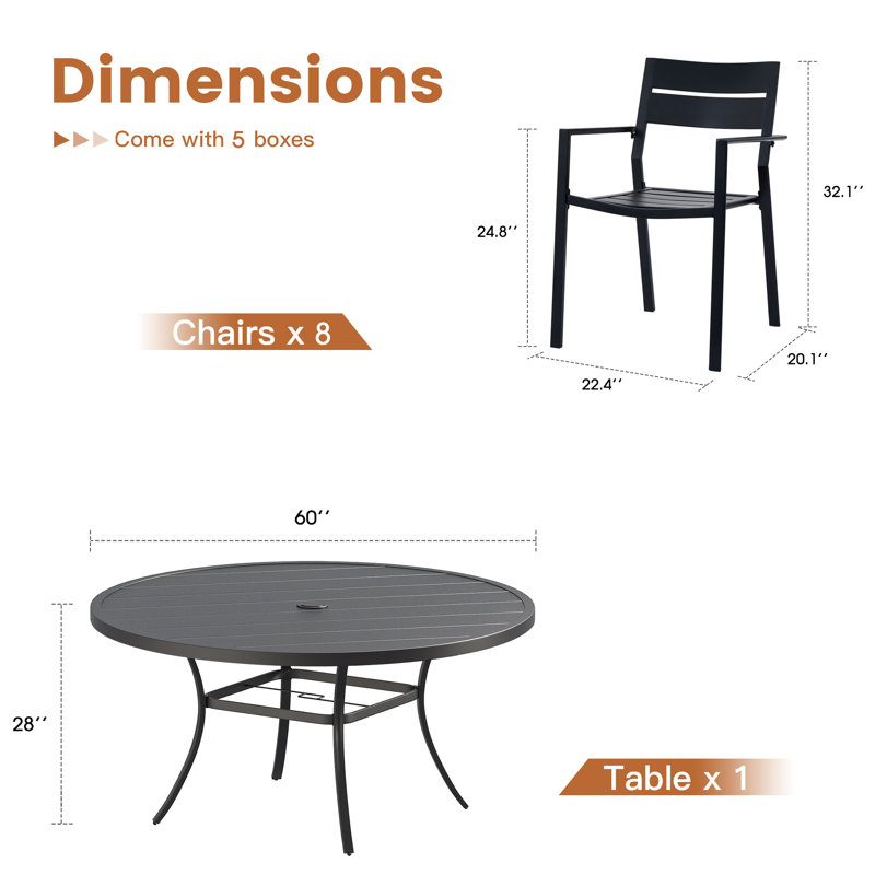 Ensemble repas de 60 po avec table ronde en métal et 8 chaises avec accoudoirs en métal, Noir / Noir