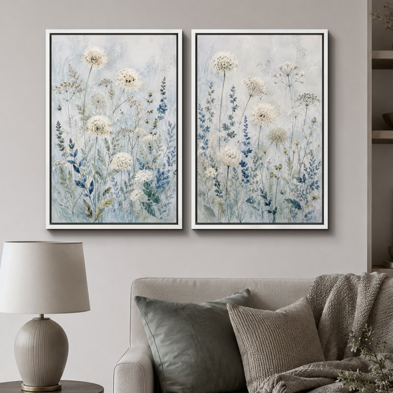 Art floral bleu doux, images de chambre à coucher, impression sur toile encadrée, 2 pièces, 24" H x 32" W x 1.5" D