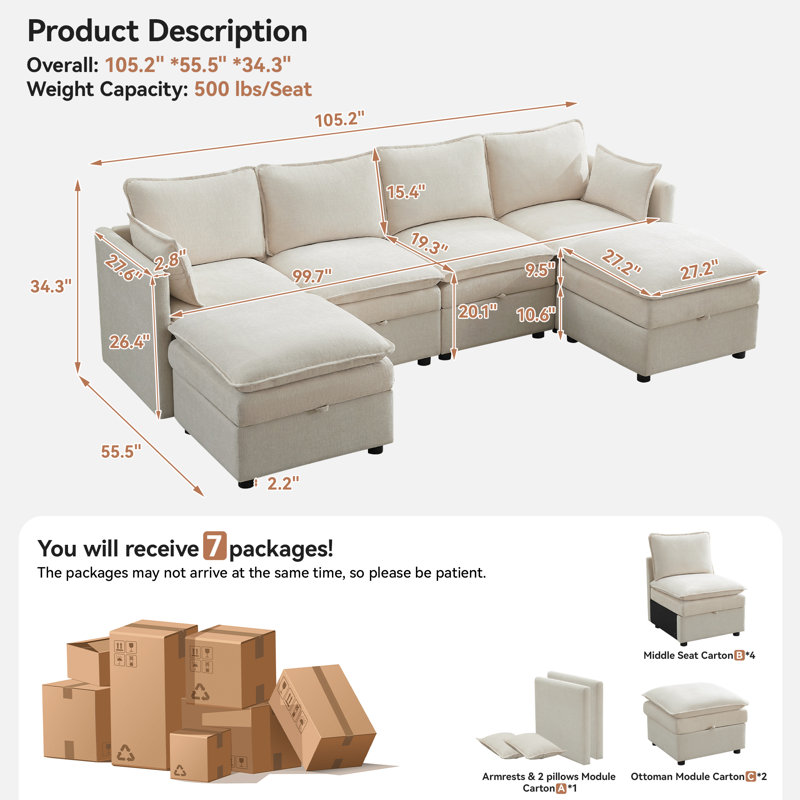 Canapé modulaire en U 105,2 po avec rangement , Beige,  34.3" H x  105.2" W x  55.5" D