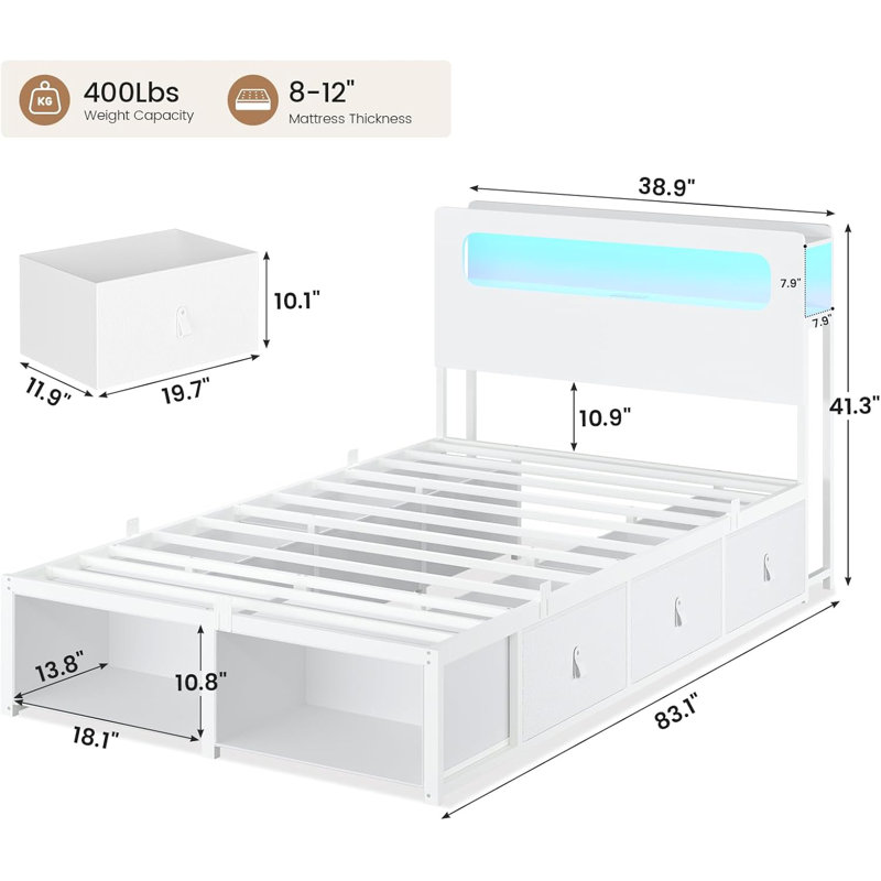 Structure de lit avec 6 tiroirs de rangement et tête de lit à 2 niveaux à DEL - Lit pour garçon avec prises de courant et lumières RVB, 2 casiers de pied de lit - peu encombrant