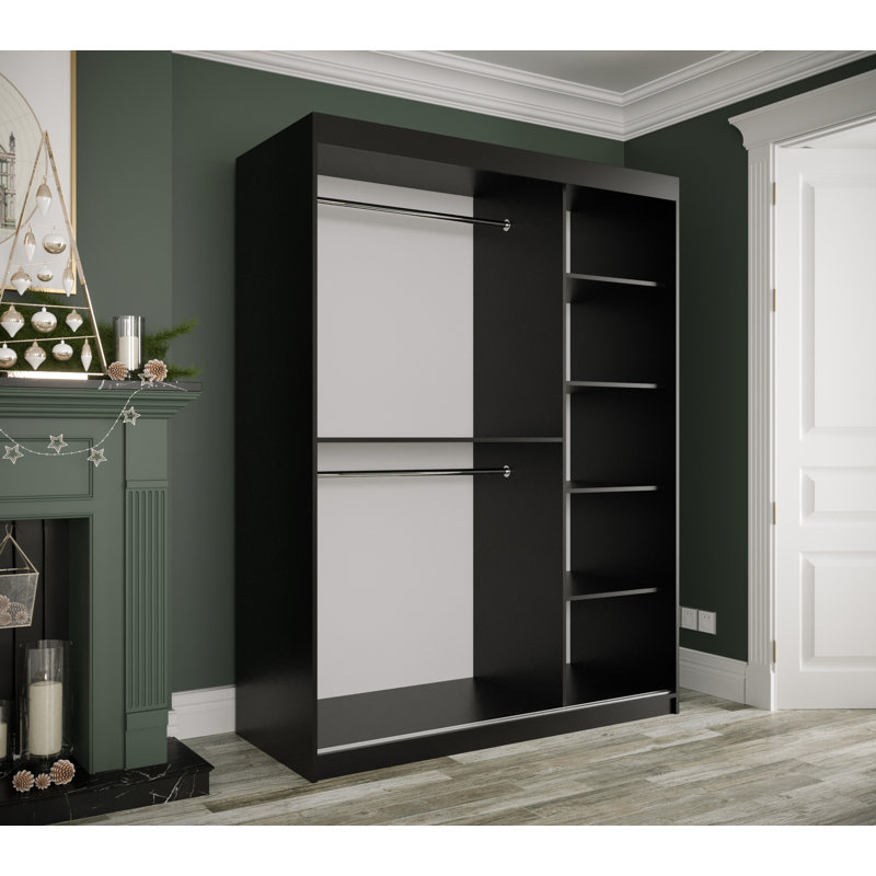Blerata 2 Door Manufactured Wood Wardrobe, Black Matt/Black Matble, 200cm H x 150cm W x 62cm D