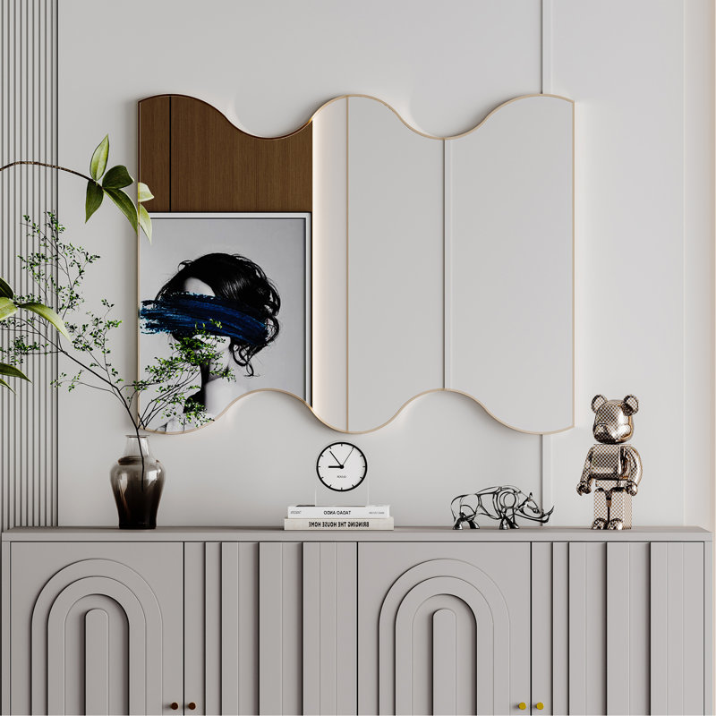Miroir mural polyvalent à cadre métallique avec bords ondulés, rehaussant toutes les pièces, Doré, Horizontale et verticale