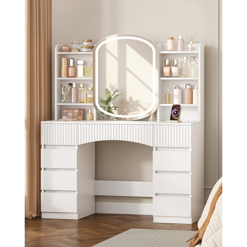 Dressing Table with Mirror, Adjustable LED Lighting, Vanity Desk with Power Strip, Make up Desk with 9 Drawers and Storage Open Compartments, for Bedroom 