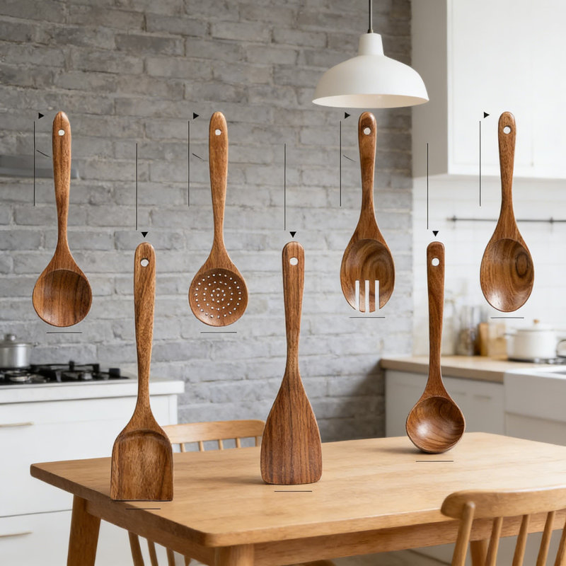 Ensemble d'ustensiles en bois d'acacia pour la cuisine, ensemble de 7 cuillères et spatules antiadhésives pour la cuisine, ustensiles de cuisine en bois durables pour une utilisation quotidienne dans la cuisine