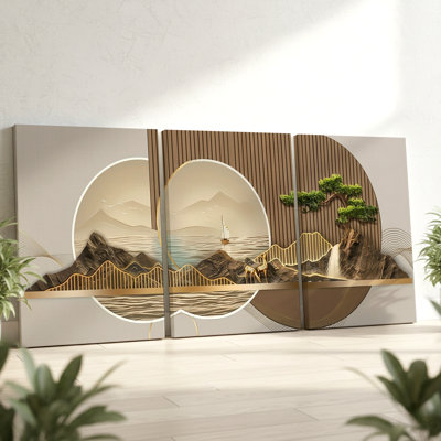 3 Pieces Modern Geometric Landscape Large Wall Art with Nature Elements, Three Pieces Wall Art for Living Room, Bedroom, and Office Decor, Framed Look