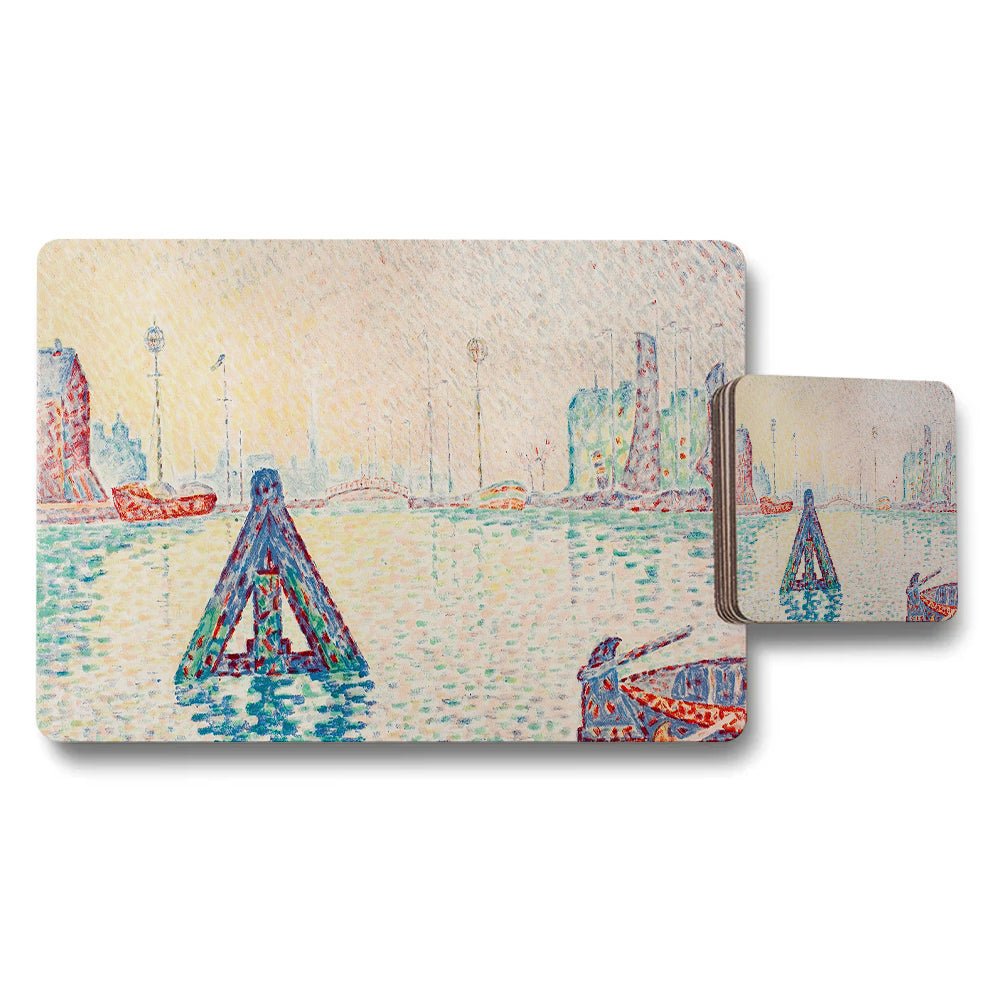 Harbor Scene Placemats And Coaster Set In Impressionist Style