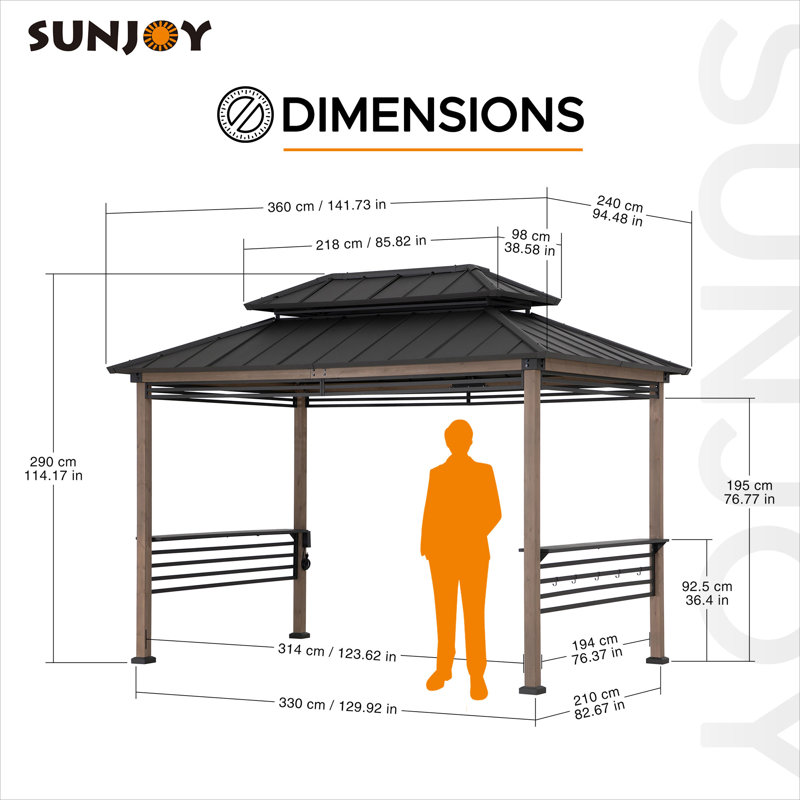 Sunjoy Wooden Grill Gazebo with AC Power Port, 8 x 12 ft. Steel Hardtop Outdoor Gazebo for Year-Round Grilling, Cedar Framed Gazebo with Built-in Electrical Outlets and Decorative Fence