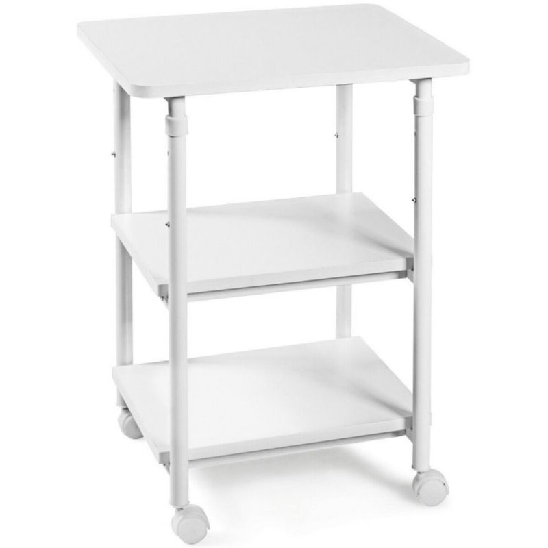 White Adjustable 3-Tier Rolling Printer Cart with Storage Shelves