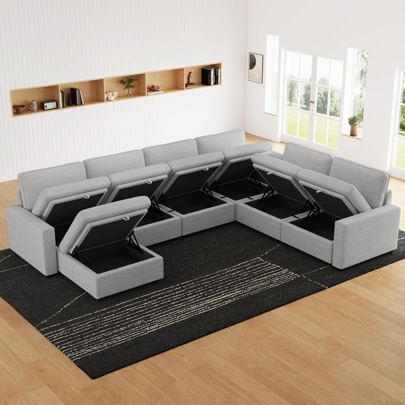 U-Shaped Stoarge Sofa Convertible Oversized Livingroom Couch, Gray Chenille