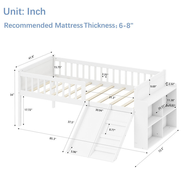 Kids Twin Bed, Kids Bed with Slide, White