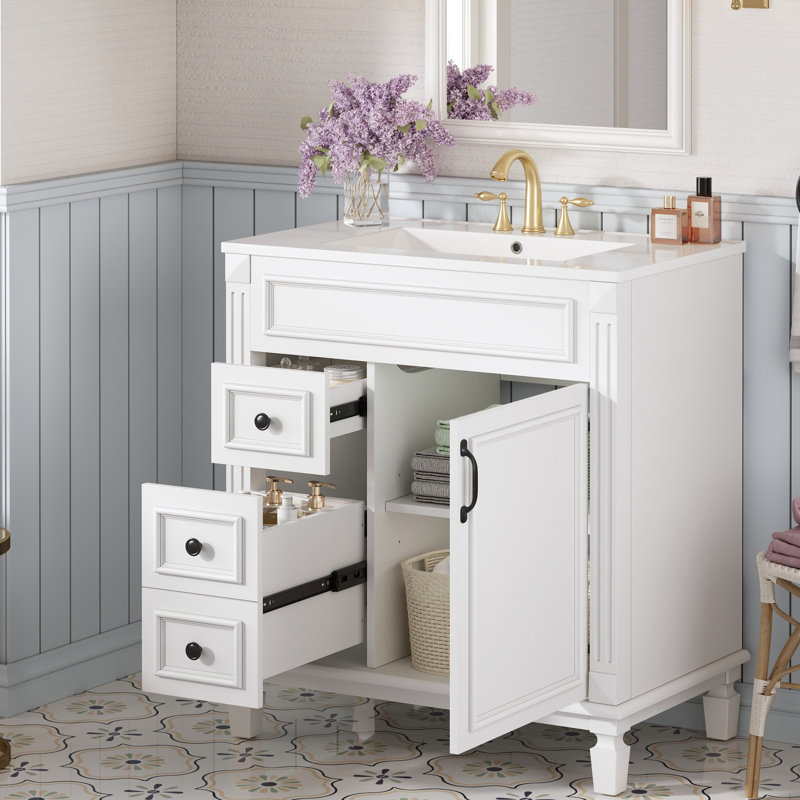 Meuble-lavabo moderne de 30 po avec lavabo en céramique, poignées à boutons et tablette ajustable