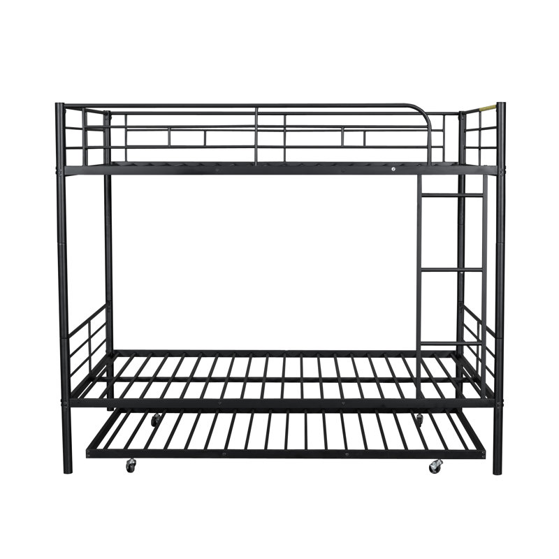 Full Over Full Metal Bunk Bed With Trundle, Silver, Noir