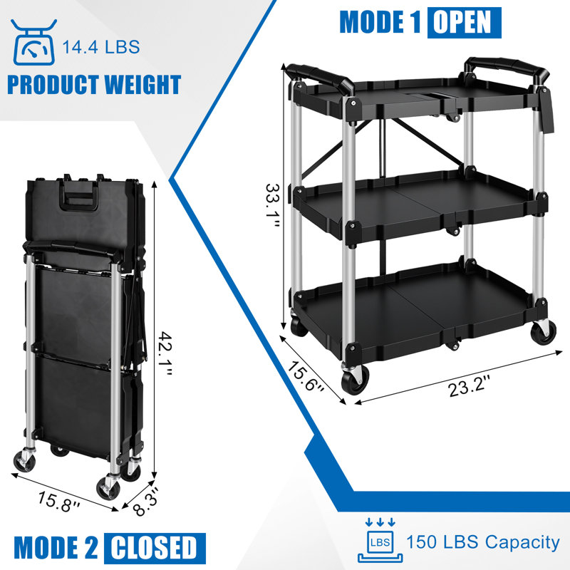 3-Tier Folding Collapsible Service Cart