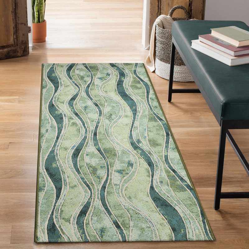 Abstract Synthetic Non-Skid Kitchen Mat, Runner 1'11" x 4'11", Green/Yellow/Blue
