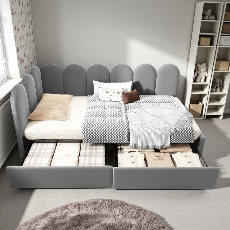 Velvet Upholstered 3FT Single Sofa Bed 90X190cm With Drawers Storage With Slatted Frame, Grey