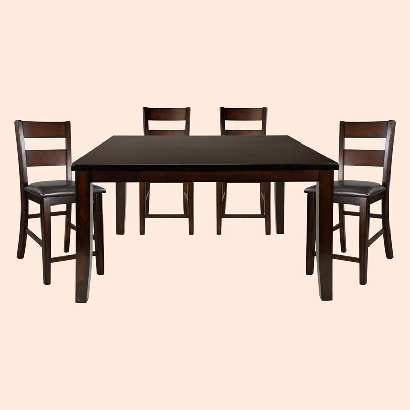 Pasko Azaria Dark-Brown Faux Leather Upholstered Seat Rectangular Counter Height Dining Room Set, 5 Piece 