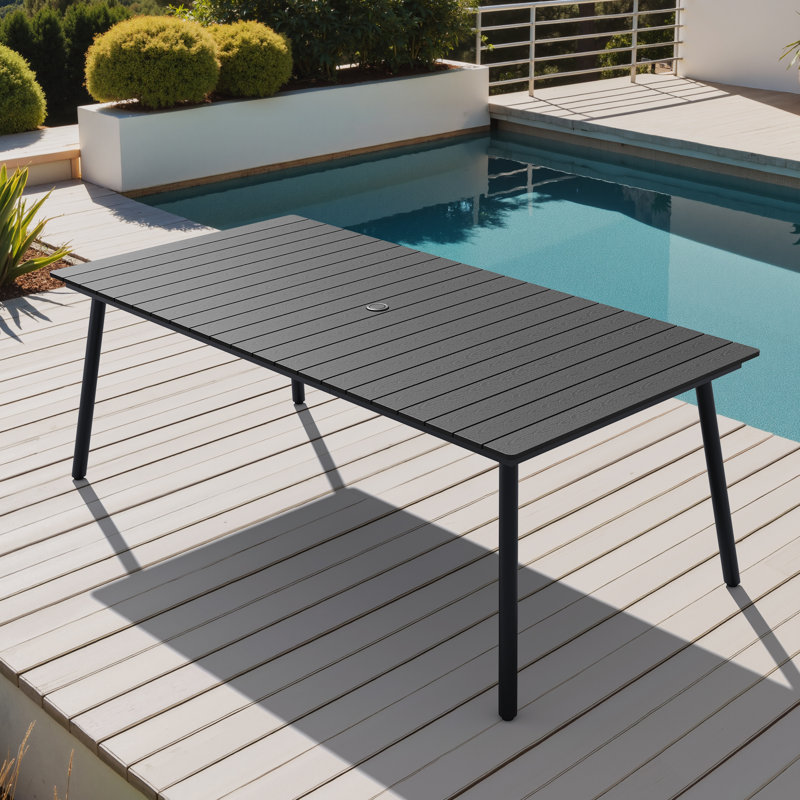 Table de salle à manger de patio avec trou pour parasol et structure en aluminium, H 29,13 po x L 82,48 po x l 40,55 po, Noir