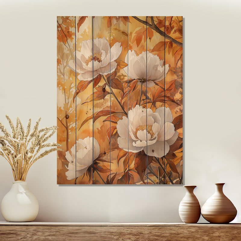 Peonies By The Autumn Maple Tree II - Peonies Wood Wall Decor - On Natural Pine Wood, 44" H x 34" W x 0.78" D