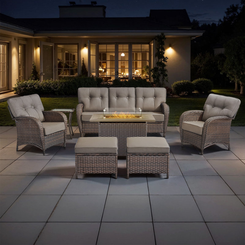 Agnes 5 Piece Outdoor Rattan Patio T-Back Cushions Conversation Furniture Set With Fire Pit Table, Gray