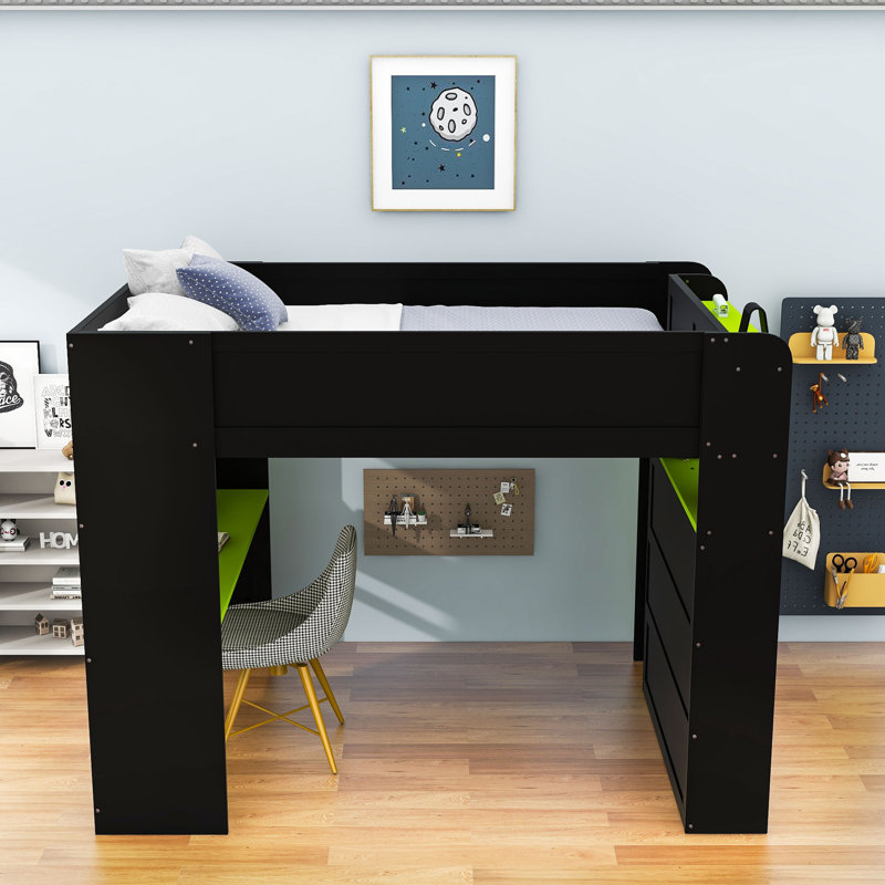 Full Wood Bunk Bed With Desk,Wardrobe And RGB Light, Green