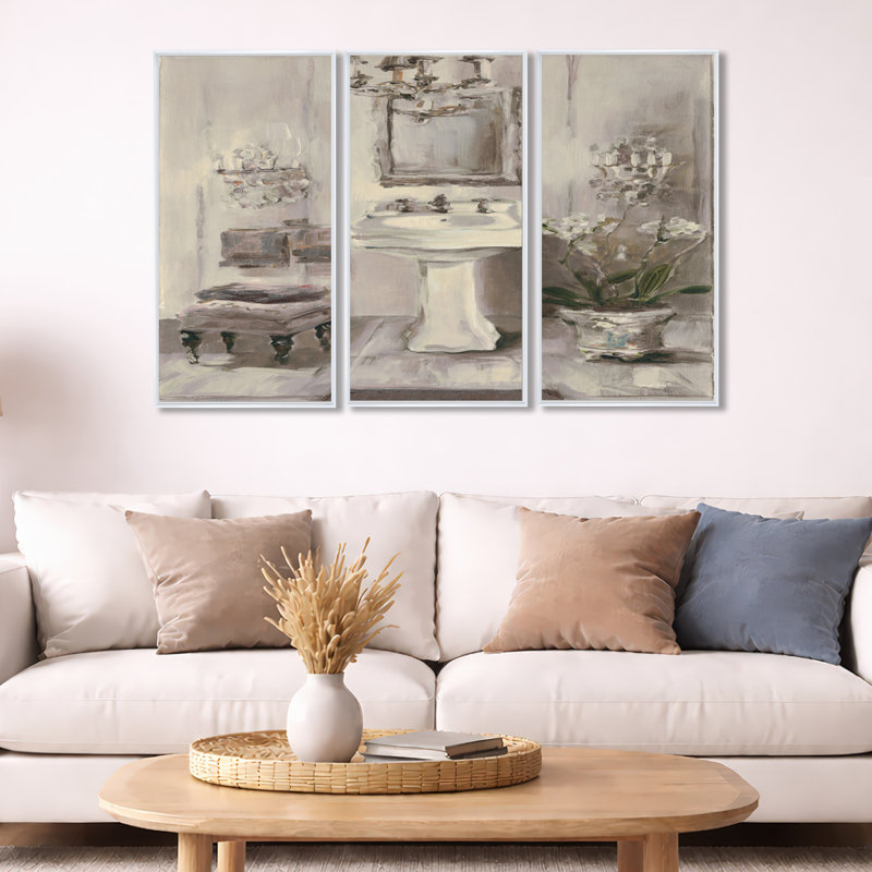 «French Bathroom Vintage II», ensemble d'art mural sur toile encadré traditionnel
