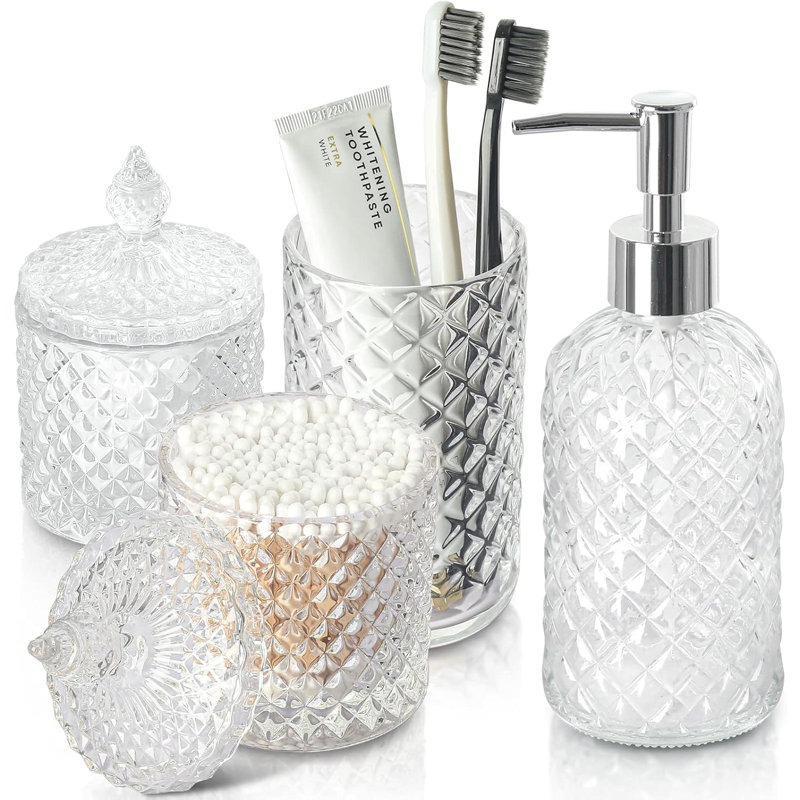 Ensemble d'accessoires de salle de bain, ensemble complet de 4 accessoires de salle de bain en verre transparent, distributeur de savon à diamant et porte-brosse à dents pour les essentiels de rangement de comptoir de salle de bain