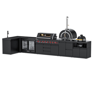 Ensemble d'îlot de cuisine modulaire d'extérieur en forme de L 7 pièces VESTIVium - Barbecue au gaz à 6 brûleurs V611 avec brûleur latéral et infrarouge arrière, réfrigérateur à double porte, armoires de rangement, évier, four à pizza de comptoir et module de barbecue Kamado 18 po