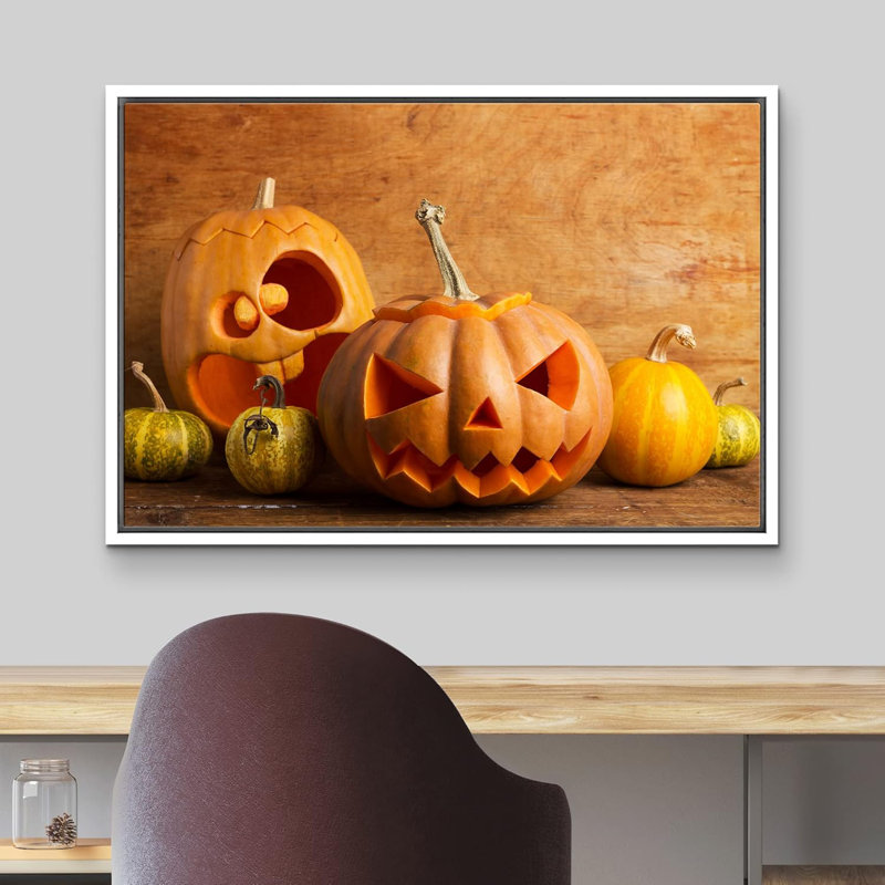 Visage effrayant, citrouilles d'automne, Halloween, Moody, foncé, illustrations, œuvre d'art moderne, Cadre flottant blanc
