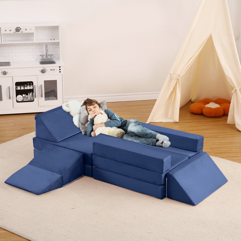 Canapé de jeu modulaire d'intérieur (12 pièces), bleu marine, en mousse polyvalente avec housse lavable à la machine, favorise le développement de la motricité et de la créativité.