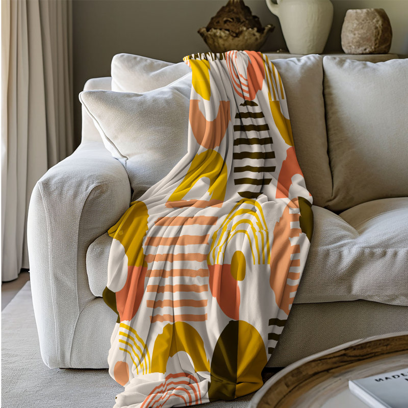 Motif Groovy - 1 pièce Sherpa Premium, Lit simple, Orange / noir / jaune abstrait / formes géométri