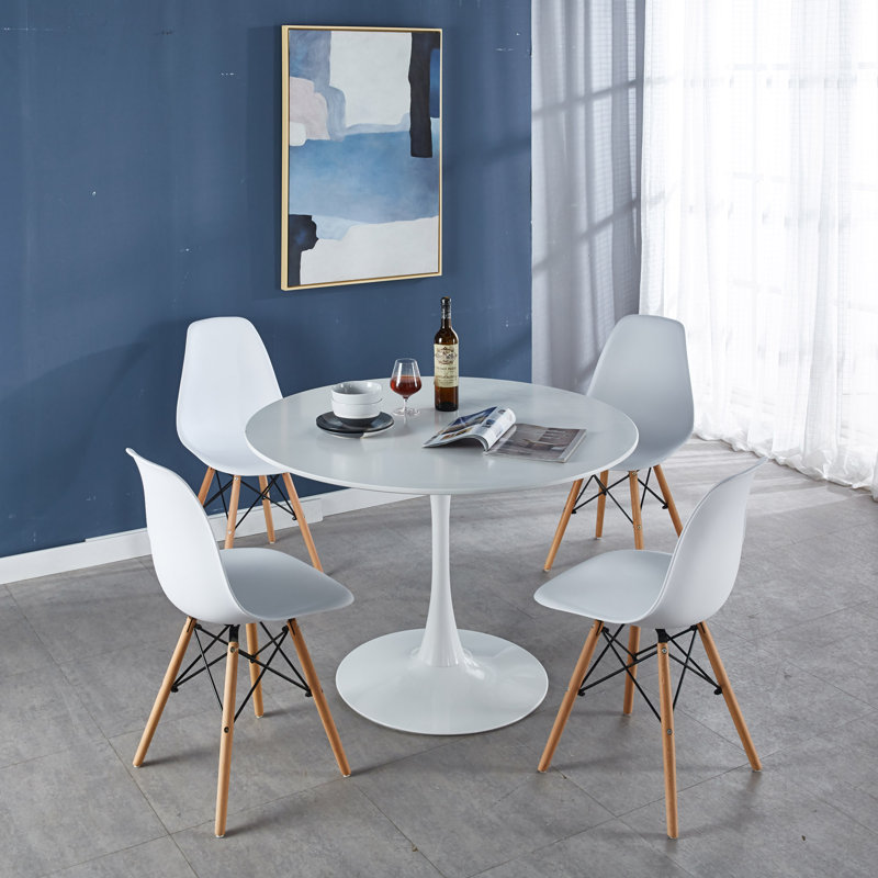 Ensemble de table de salle à manger 5 pièces, comprenant une table ronde et 4 chaises, blanc, Blanc, Blanc/naturel